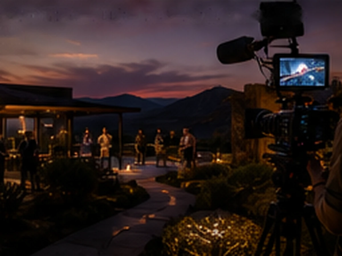 A film crew capturing golden-hour footage across the Saraphim estate