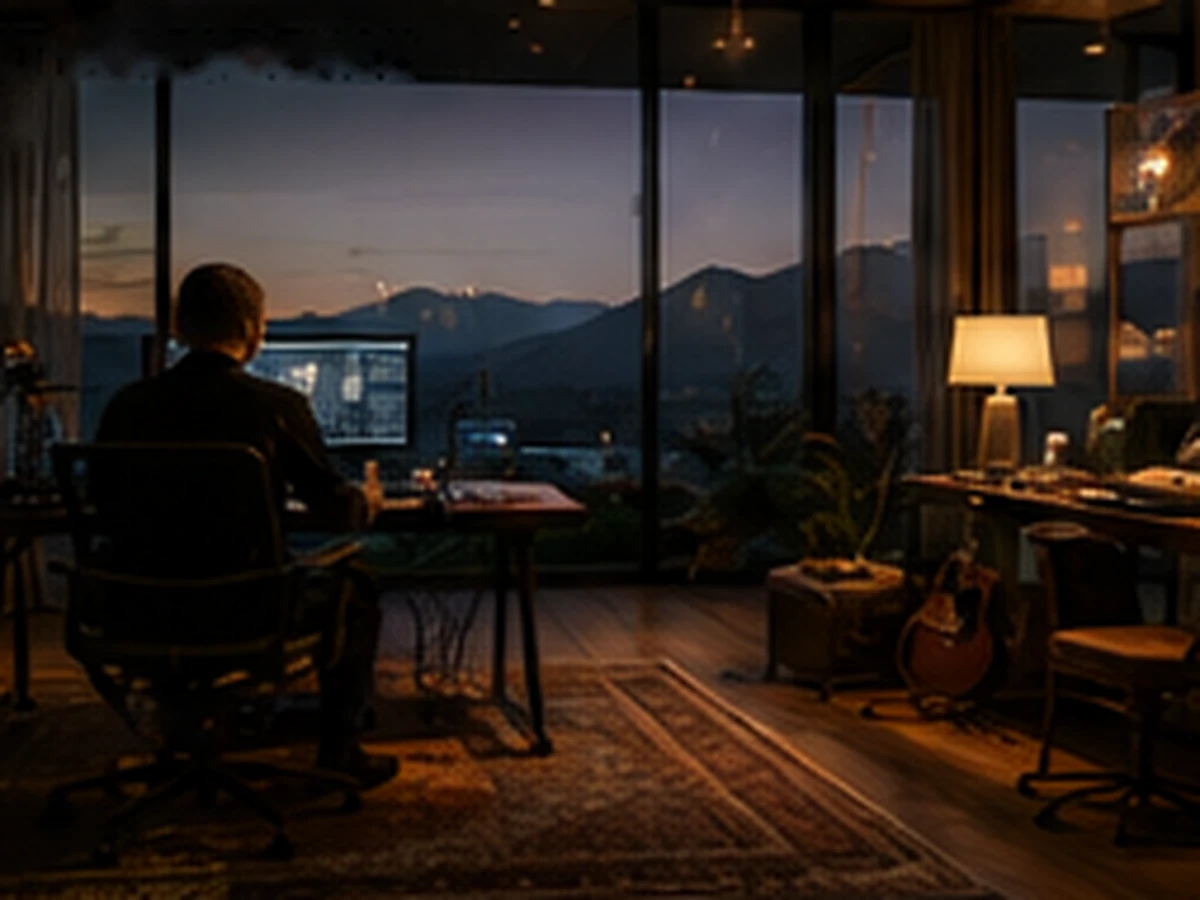 An artist at work in a Saraphim residence studio at dusk