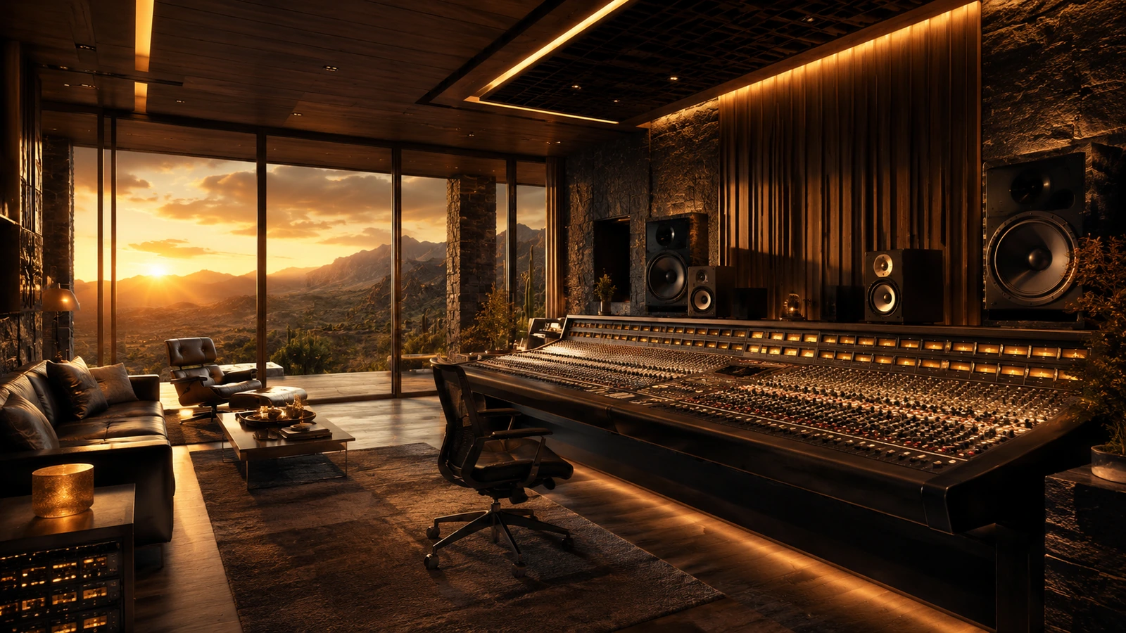 Saraphim's flagship recording studio — a world-class mixing console framed by mountain views