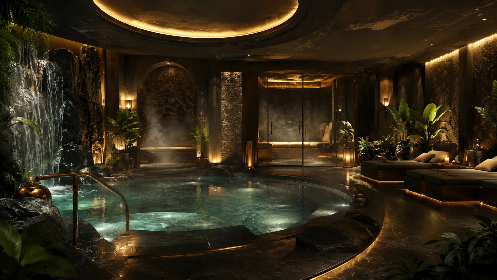 The Saraphim wellness sanctuary — an illuminated hydrotherapy pool and spa