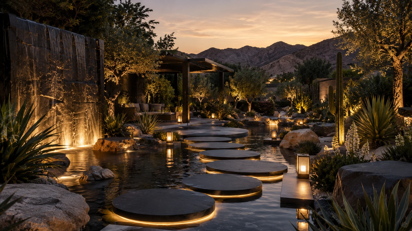 Saraphim's zen garden and meditation trail at dusk, lit by lantern light