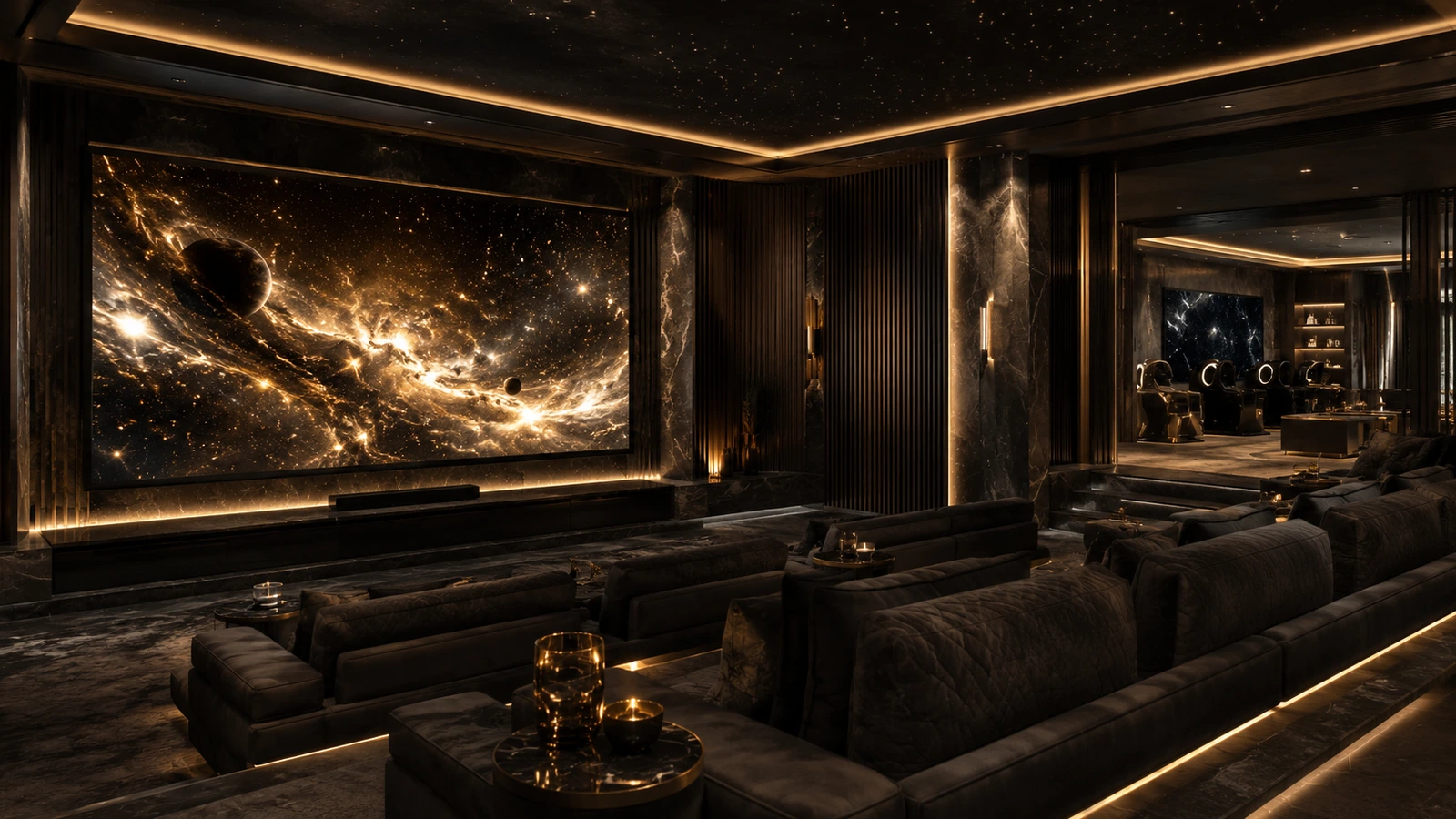 The private theater and VR lounge, a galaxy projected across the screen