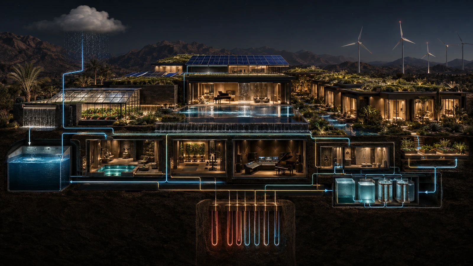 Saraphim from above — solar, wind and water systems woven through the off-grid estate
